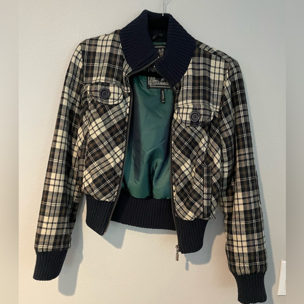 GUESS cropped plaid blue and green jacket